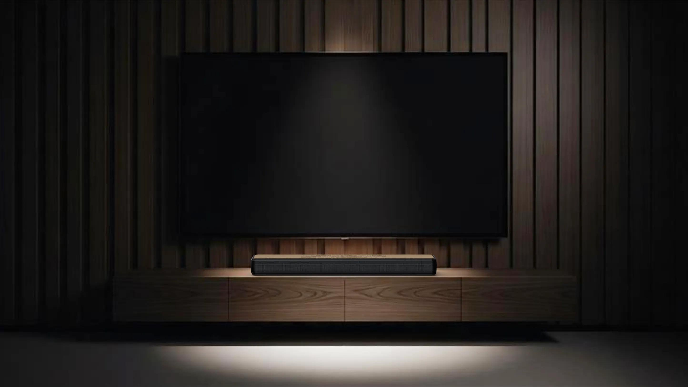 A high-end Dolby ATMOS soundbar in a home theater setting, representing immersive performance.