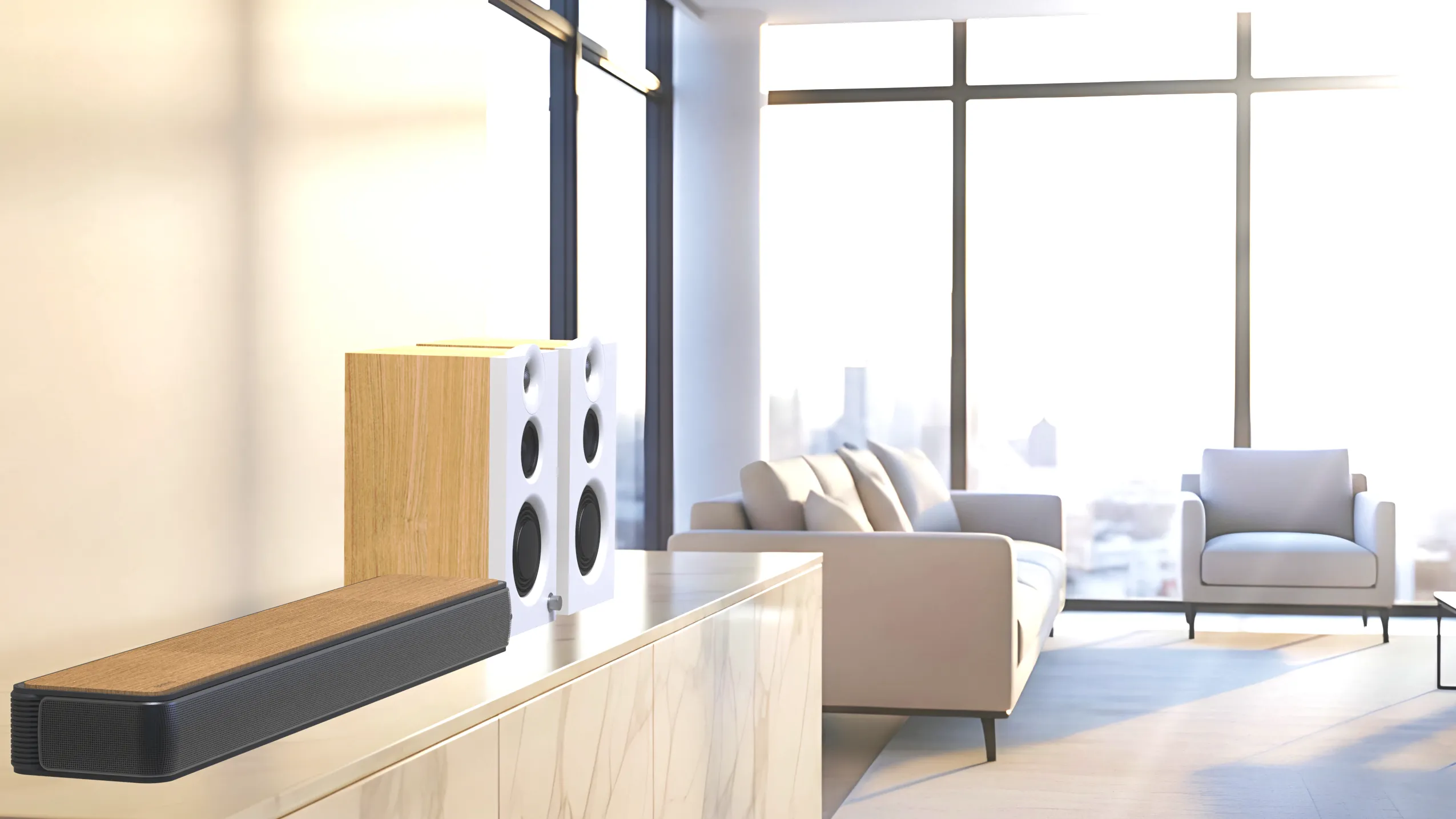 An ecosystem of wireless speakers and a soundbar, representing modern connected audio systems.