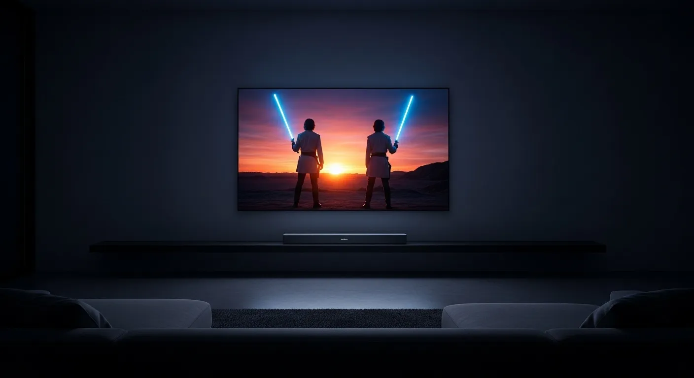 A sleek active soundbar positioned below a large wall-mounted TV, creating a clean and modern home theater setup for watching movies.