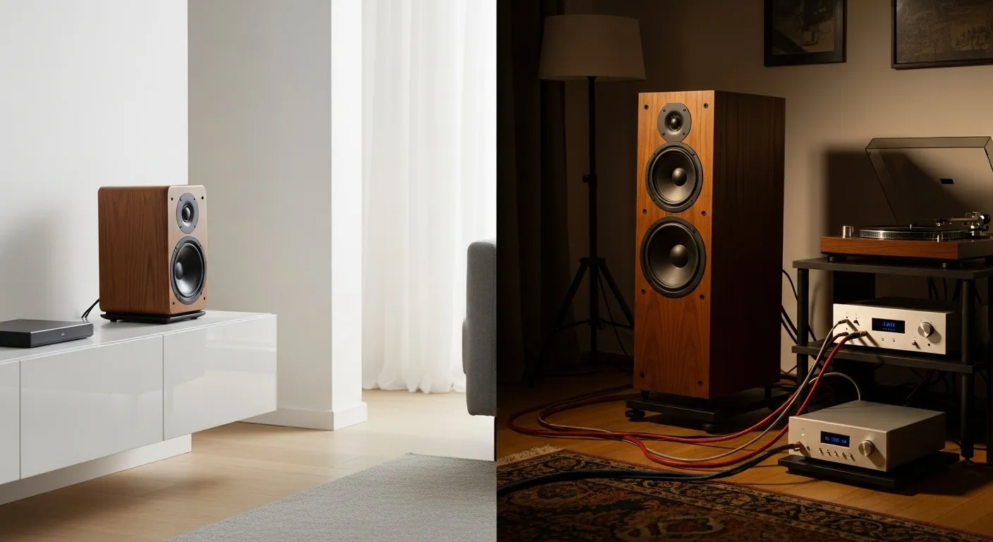 A split-screen comparison showing a sleek active speaker setup on the left and a classic passive speaker system with an amplifier on the right.