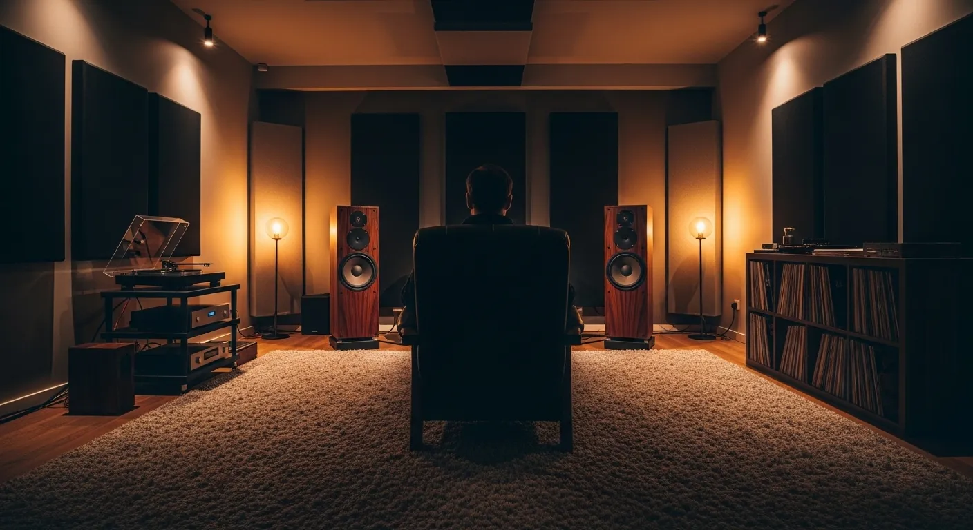 An audiophile in a dedicated listening room, seated for an optimal stereo experience between two large passive floor-standing speakers.