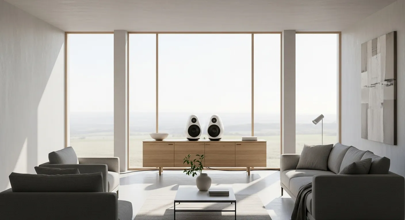 A pair of modern white active speakers on a sideboard, illustrating a clean, wireless audio setup in a minimalist living room