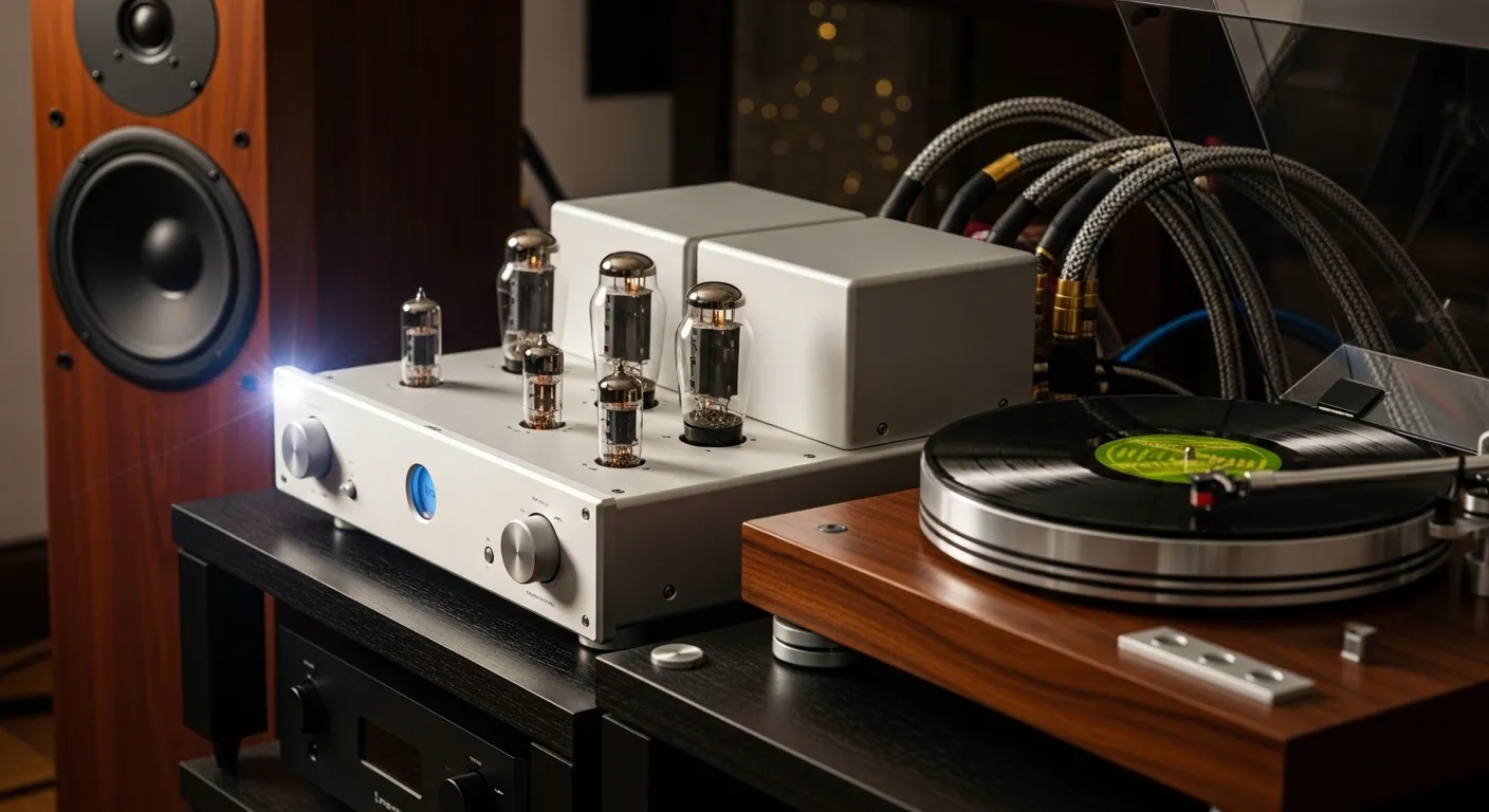 A high-end passive speaker system featuring a separate amplifier and turntable, highlighting the craftsmanship of a traditional Hi-Fi setup.